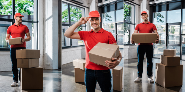 collage of happy and tattooed delivery man touching cap while standing near boxes  - Foto, imagen