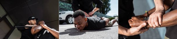 collage de afroamericano detenido acostado en el suelo cerca de policía en uniforme con esposas y porra, concepto de racismo
  - Foto, Imagen