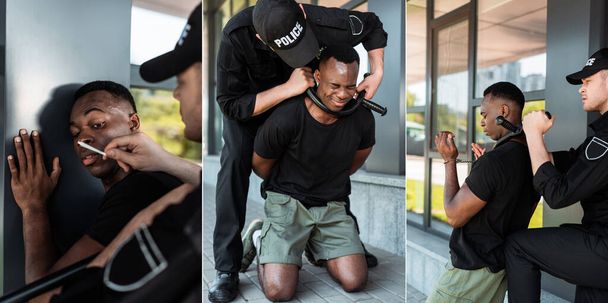 collage of policeman holding joint and detaining african american man  - 写真・画像