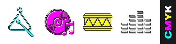 Набор музыкальных инструментов "Треугольник", виниловый диск, Drum и значок музыкального эквалайзера. Вектор
. - Вектор,изображение