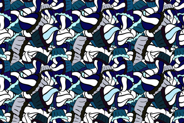 Fashionable fabric pattern. Raster. Doodles black, blue and white on colors. Print. - Foto, immagini