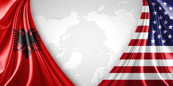 Албания и американский флаг шелка с копирайтом для текста или изображений и фона карты мира
 - Фото, изображение