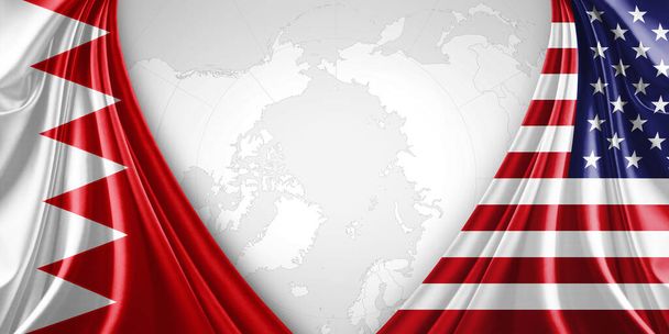 Bahrein e bandiera americana di seta con copyspace per il tuo testo o immagini e sfondo mappa del mondo - Foto, immagini