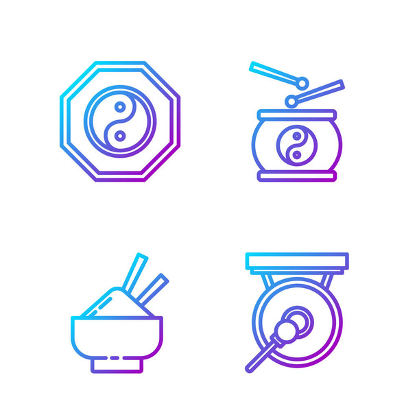 Set line Gong, Rice in a bowl with chopstick, Yin Yang and Chinese drum. Gradient color icons. Vector. - Vector, Image