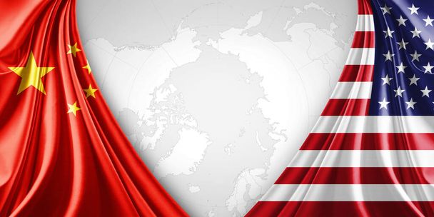 Čína a americká vlajka z hedvábí s copyspace pro váš text nebo obrázky a pozadí mapy světa - Fotografie, Obrázek