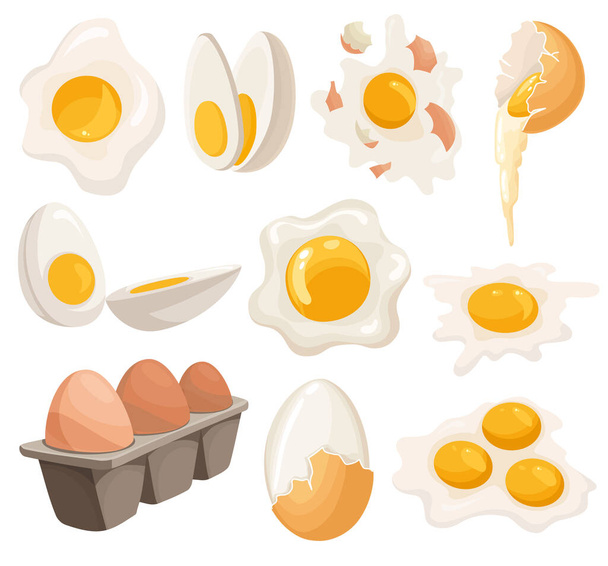Ovos de desenhos animados isolados em fundo branco. Conjunto de ovos fritos, cozidos, rachados, fatiados e ovos de galinha em caixa. Ilustração vetorial. Coleta de ovos em várias formas
 - Vetor, Imagem