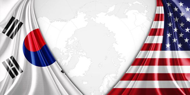 Etelä-Korea ja Amerikan lippu silkkiä copyspace tekstin tai kuvia ja maailmankartan tausta - Valokuva, kuva