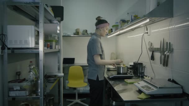 Chef-kok bereidt voedsel in een commerciële keuken - Video