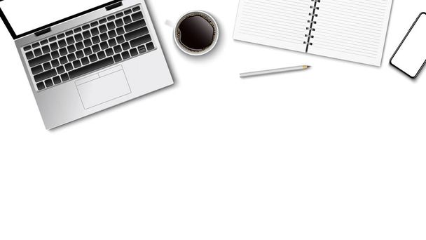 Modern işyerinin üst görünümü, beyaz arka planda dizüstü bilgisayar kahve kağıdı kalem ve metin, iş konsepti, vektör illüstrasyonu için kopyalama alanı - Vektör, Görsel