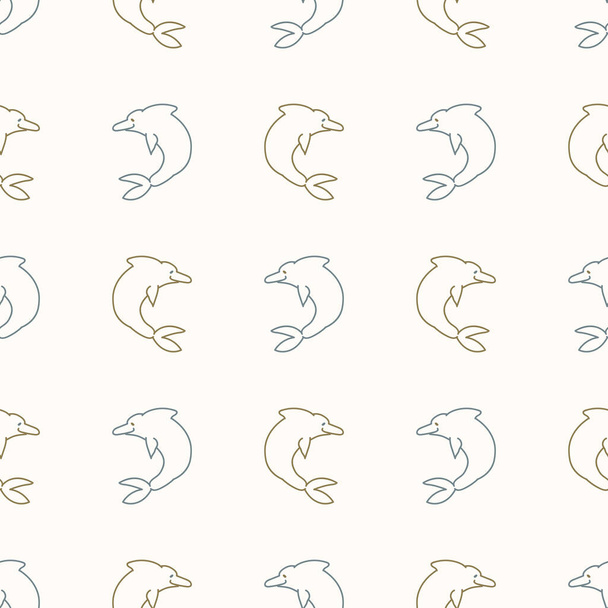 Naadloze achtergrond twee dolfijn geslacht neutrale baby patroon. Eenvoudige grillige minimale aardse 2 toon kleur. Kinderen kinderdagverblijf behang of boho cartoon dier mode helemaal over print. - Vector, afbeelding