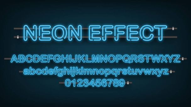 Blaulicht-Neon-Effekt, Englisches Alphabet und Ziffernzeichen, Vektorillustration - Vektor, Bild