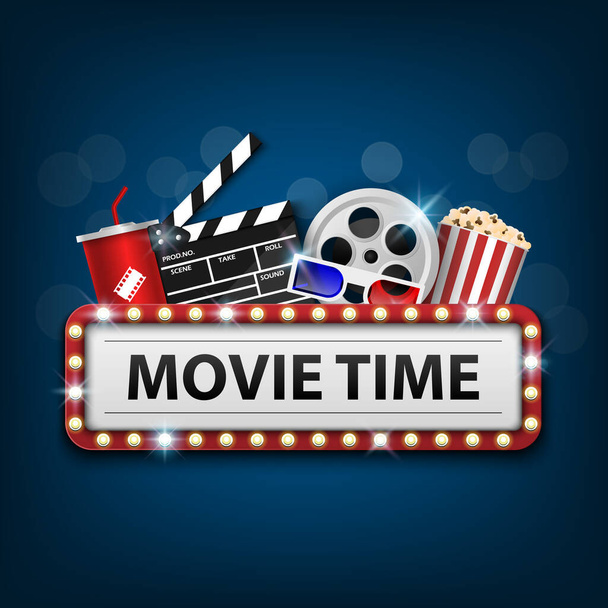 Kino-Hintergrundkonzept, Kino-Objekt auf blauem Hintergrund und Filmzeit mit Glühbirnenrahmen, Vektorillustration - Vektor, Bild
