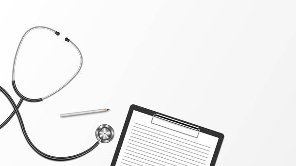 Realistische stethoscoop en klembord geïsoleerd op witte achtergrond, medische concept achtergrond met kopieerruimte, vectorillustratie - Vector, afbeelding