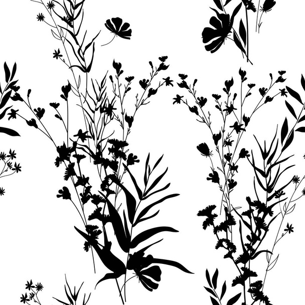 Sylwetki herbarium monochromatyczne kwiatowy bezszwowy wzór. Dzikie gałęzie, liście, kwiaty. - Wektor, obraz