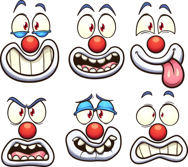 Cartoon clown face with different expressions. Vector clip art illustration with simple gradients. Some elements on separate layers - Vektor, kép