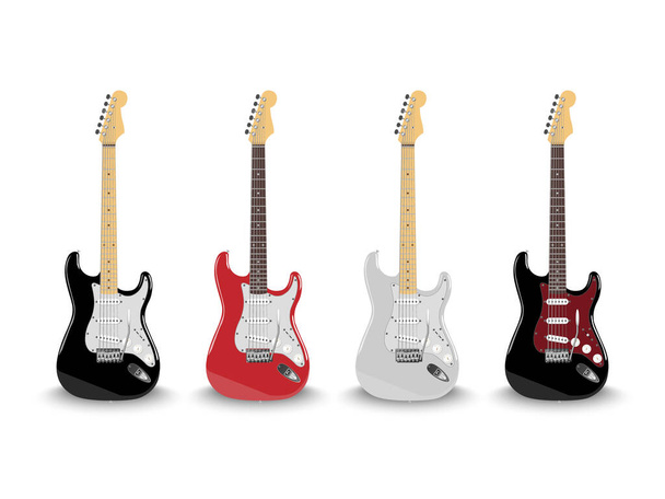 Realistische elektrische gitaar in verschillende kleuren geïsoleerd op witte achtergrond, vector illustratie - Vector, afbeelding