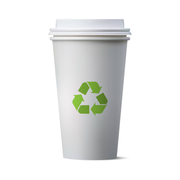 Realisztikus papír kávéscsésze és újrahasznosítási jel, Eco papír pohár, vektor illusztráció - Vektor, kép