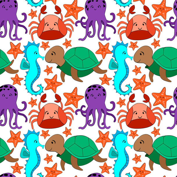 seamless pattern with sea animals, picture in cartoon style, ornament for wallpaper and fabric, wrapping paper, background for different designs - Wektor, obraz