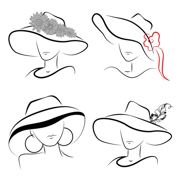 Εικόνα κυρίας σε καπέλο, στυλιζαρισμένο σχέδιο, διανυσματική απεικόνιση, απομόνωση σε λευκό φόντο - Διάνυσμα, εικόνα