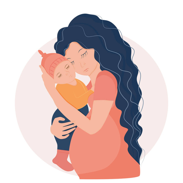  Pregnant woman is holding a sleeping baby. Stock vector illustration - Vector, Image