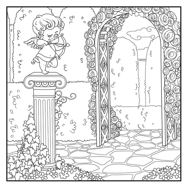 Statue of a cupid archer standing on column entwined with ivy in the park outlined for coloring - Vector, afbeelding