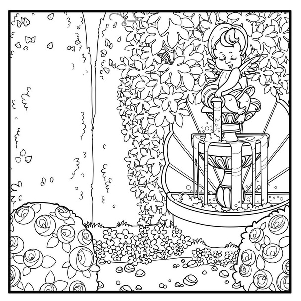 Parque do palácio com um cupido derramando água de um jarro uma fonte entrelaçada com uvas selvagens e rosas arbustos delineados para colorir
 - Vetor, Imagem