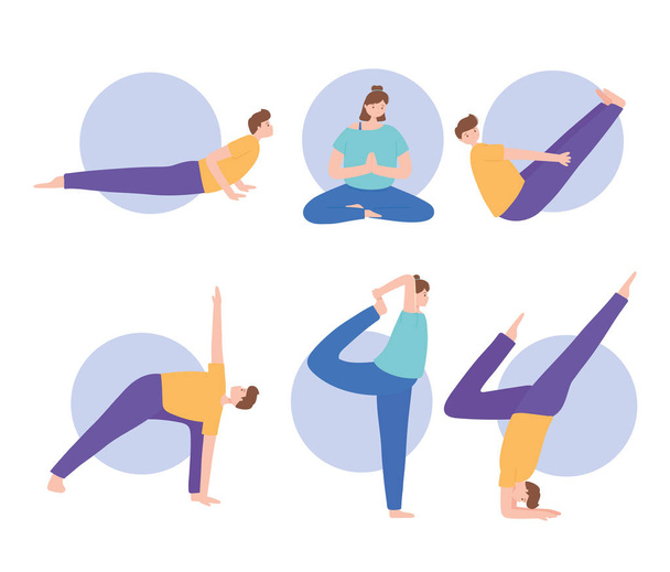 people practicing yoga different pose exercises, healthy lifestyle, physical and spiritual practice set - Vector, Image