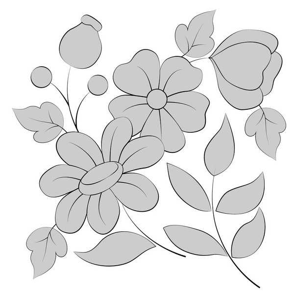 vector illustration on a white background, pattern with flowers and leaves in gray colors - Vector, Image