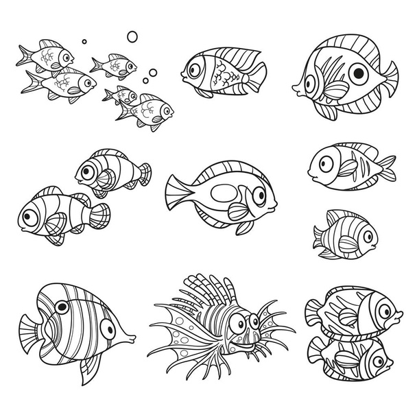Cartoon sea fishes set outlined isolated on a white background - Wektor, obraz