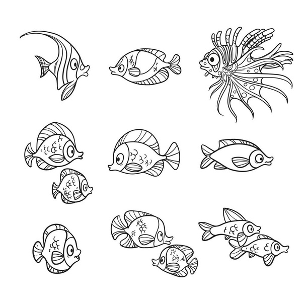 Cute sea fishes outlined isolated on a white background - Vector, imagen