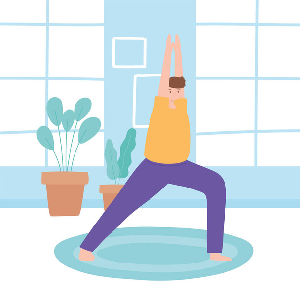 joogaa harjoittava mies aiheuttaa harjoituksia, terveellisiä elämäntapoja, fyysistä ja henkistä harjoittelua - Vektori, kuva