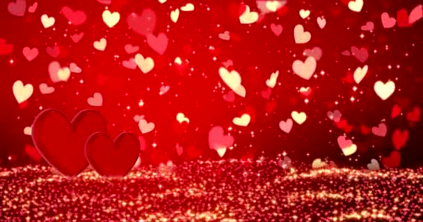 Kırmızı kalpler. Sevgililer günün kutlu olsun. Kırmızı kalp dokusu ve altın konfeti. Sevgililer günün kutlu olsun. 4k döngü 3D görüntüleme. - Video, Çekim