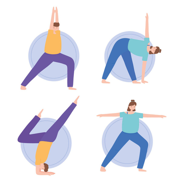 people practicing yoga different pose exercises, healthy lifestyle, physical and spiritual practice set - Vector, Image