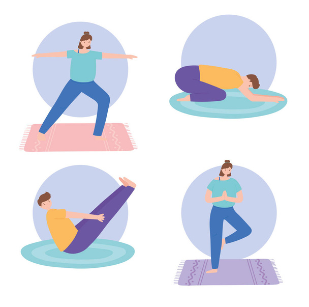 Yoga yapan insanlar farklı poz egzersizleri, sağlıklı yaşam tarzı, fiziksel ve ruhsal uygulama seti - Vektör, Görsel