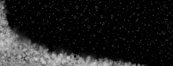 Kerst achtergrond van sneeuwvlokken van verschillende vormen, maten, vervaging en transparantie op zwarte achtergrond - Vector, afbeelding