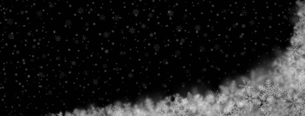 Χριστουγεννιάτικο φόντο νιφάδων χιονιού διαφορετικών σχημάτων, μεγεθών, θολούρας και διαφάνειας σε μαύρο φόντο - Διάνυσμα, εικόνα