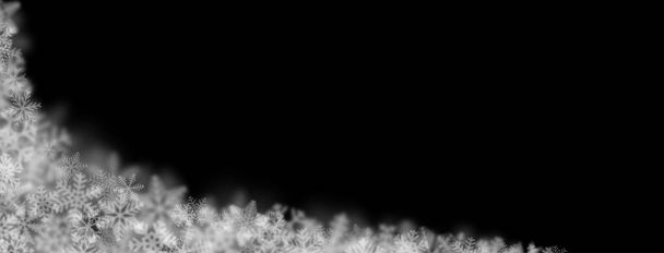 Karácsonyi háttér hópelyhek különböző alakú, méretű, elmosódott és átlátszó fekete háttér - Vektor, kép