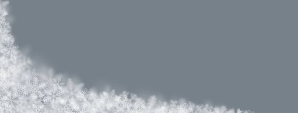 Karácsonyi háttér hópelyhek különböző alakú, méretű, elmosódott és áttetsző szürke háttér - Vektor, kép