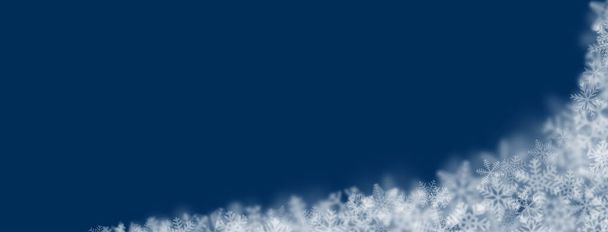 Christmas background of snowflakes of different shapes, sizes, blur and transparency on dark blue background - Vector, Image