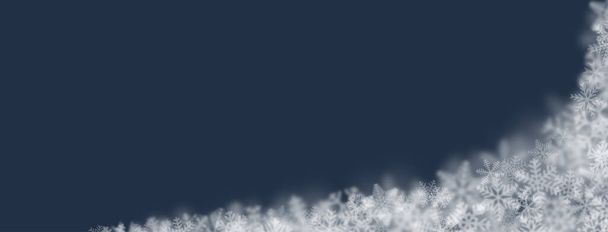 Kerst achtergrond van sneeuwvlokken van verschillende vormen, maten, vervaging en transparantie op donkerblauwe achtergrond - Vector, afbeelding