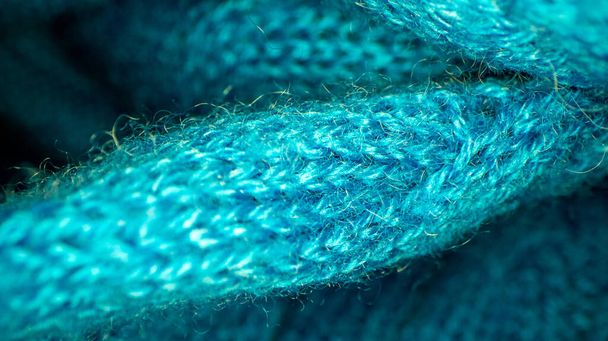 Close up macro view of the blue sweater. View of separate cotton knitting. - Photo, Image