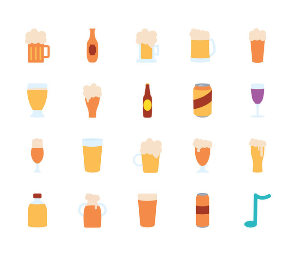 beer bottles and beer glasses icon set, flat style - Vector, Image