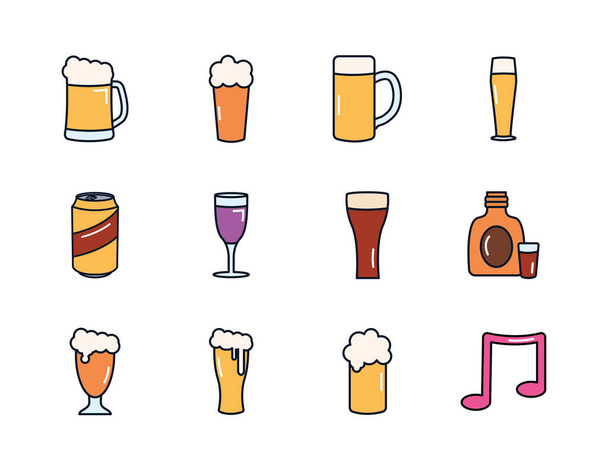 musical note and beer glasses icon set, line fill style - Vector, Image