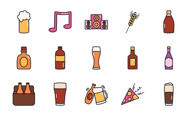 musical note and liquor bottles icon set, line fill style - Vector, Image
