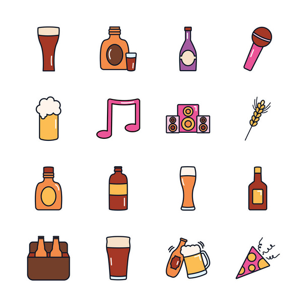 confettis popper et bouteilles d'alcool icône ensemble, ligne de remplissage style - Vecteur, image