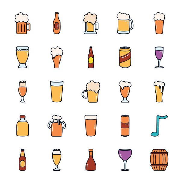 beer glasses and bottles icon set, line fill style - Vector, Image