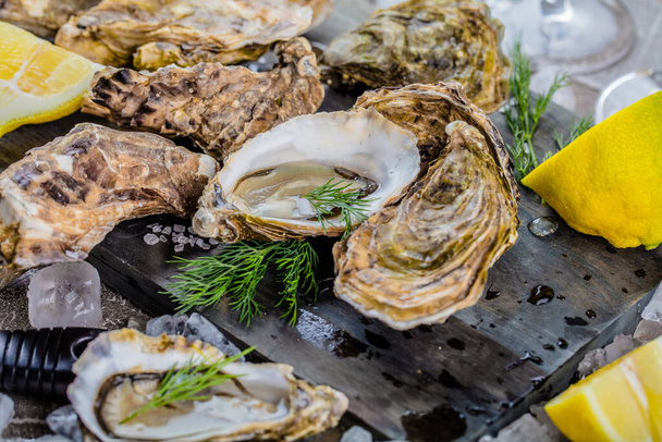 close-up view of delicious oysters, herbs and lemons on ice cubes - Фото, изображение