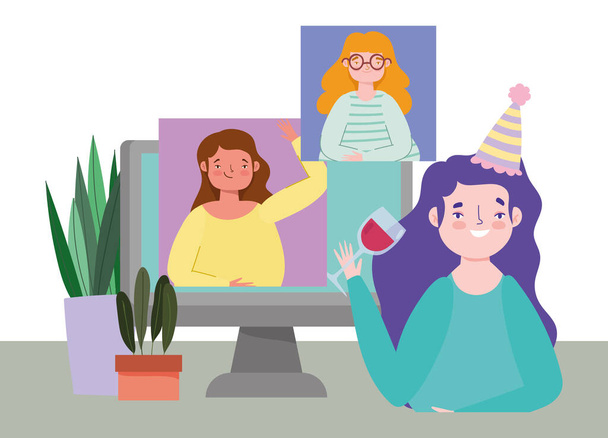 Online-Party, Geburtstag oder Treffen mit Freunden, junge Frauen feiern mit Glas Wein und Computer - Vektor, Bild