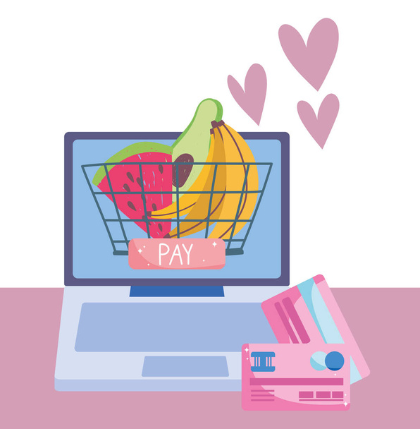 mercado online, cesta de cartões de banco de computador, entrega de alimentos no supermercado
 - Vetor, Imagem