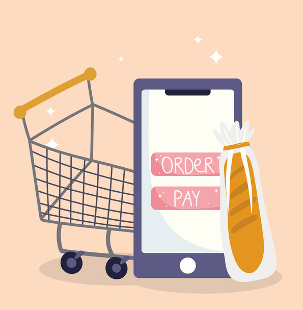 online market, smartphone shopping cart and bread, food delivery in grocery store - Vector, Image